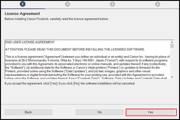 License agreement screen: select Yes